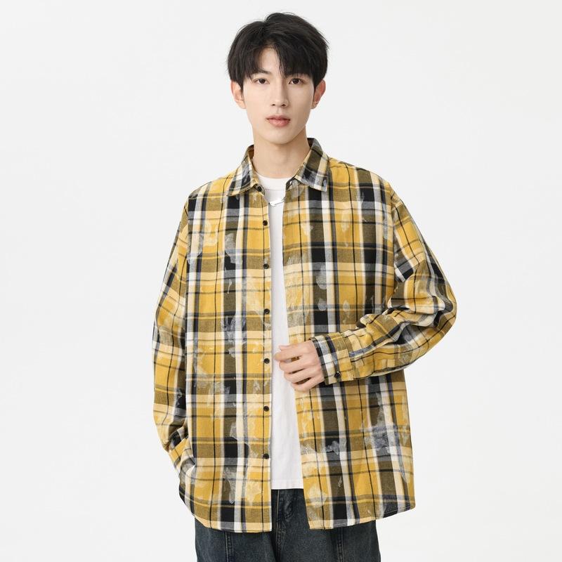 シャツ メンズ 男性用 トップス 長袖シャツ ワークシャツ カジュアルシャツ ゆったり 大きめサイズ 春秋 ポリエステル 格子柄 黄色 青色 紫色 緑色3