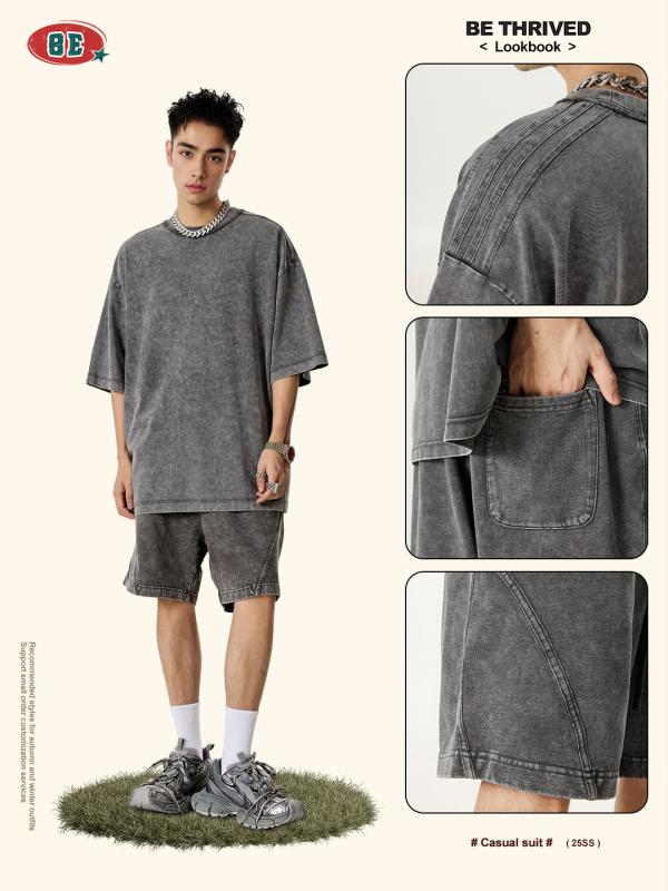 Tシャツ メンズ 男性用 上下セット コットン 織テープ クルーネック カットソー ショートパンツ ルームウェア 普段使い 春夏 グレー系3