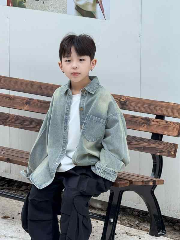 シャツ キッズ 子供服 男の子 デニムシャツ 長袖 ウォッシュ加工 柔らかい 100cm 110cm 120cm 130cm 140cm 150cm ブルートップス 春秋