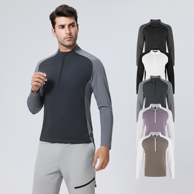 Tシャツ メンズ 男性用 春秋 スポーツウェア 長袖 ハーフジップ 配色 ポリエステル 吸湿速乾 運動着 サイクリング トレーニング アウトドア 黒 白 グレー3