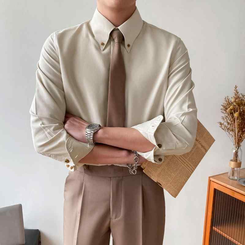 シャツ メンズ 男性用 長袖シャツ ビジネス フォーマル トップス 尖襟 形態安定 秋 無地 白 灰色 コーヒー色