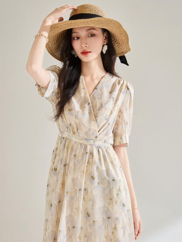 ワンピース レディース 春夏 Vネック 花柄 Aライン パフスリーブ ウエスト調節 淡紫色 リゾート 海 ビーチ フェミニン