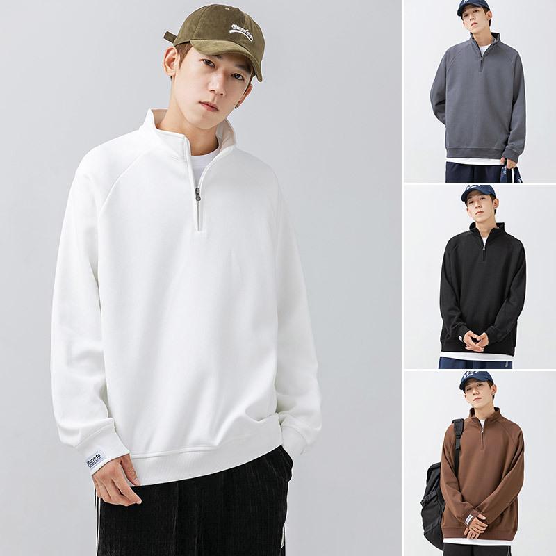 スウェット メンズ 男性用 プルオーバー ハーフジップ 長袖 Tシャツ カットソー リブ 襟付き ポロシャツ風 トップス コットン混紡 ゆったり ルーズ カジュアル 春秋 黒 白 グレー コーヒー