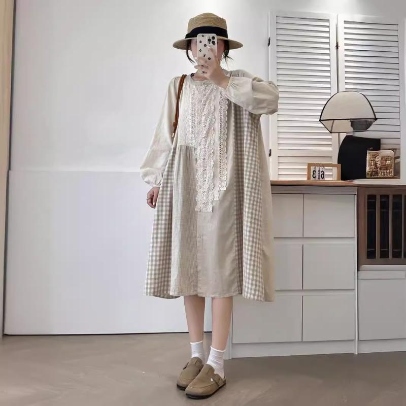 ワンピース レディース 長袖 森ガール Aライン 格子柄 レース 切り替え ゆったりサイズ 膝下丈 ミモレ丈 ナチュラル かわいい カーキ グレー コットン 普段使い3
