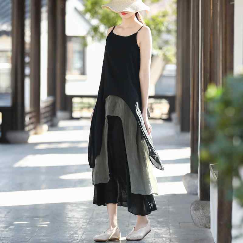 ワンピース レディース コットン 吊りスカート ノースリーブ 膝丈 ミモレ丈 Aライン ゆったり 体型カバー 切り替え 綿麻 無地 黒 ブラック3