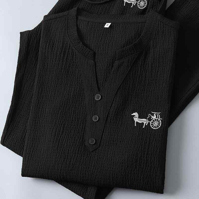 メンズ Ｔシャツ パンツ 上下セット 男性用 Ｖネック 刺繍 コットンブレンド スポーツウェア ルームウェア 部屋着 春夏 ブラック ホワイト グレー