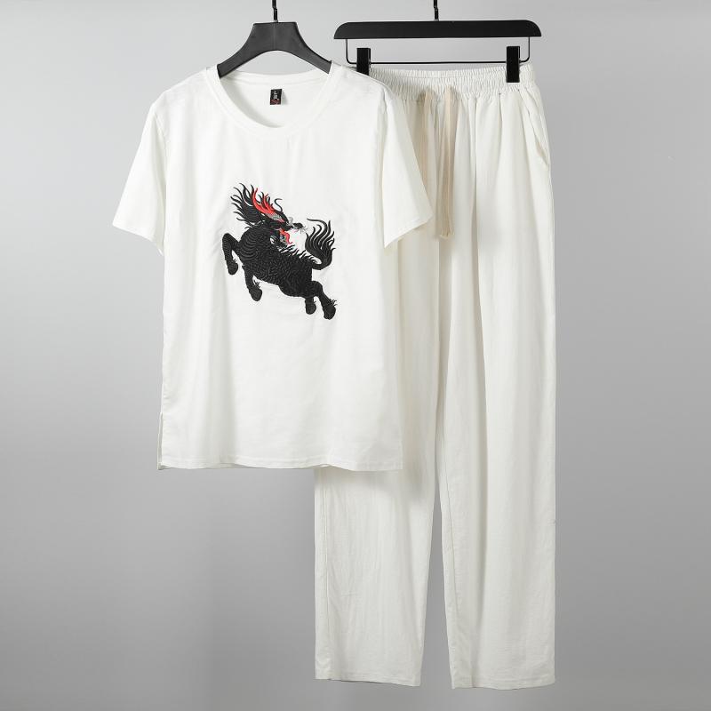 メンズ 亜麻 リネン セットアップ 半袖 Tシャツ & パンツ 上下 2点 中国風 刺しゅう 男性用 ルームウェア 部屋着3
