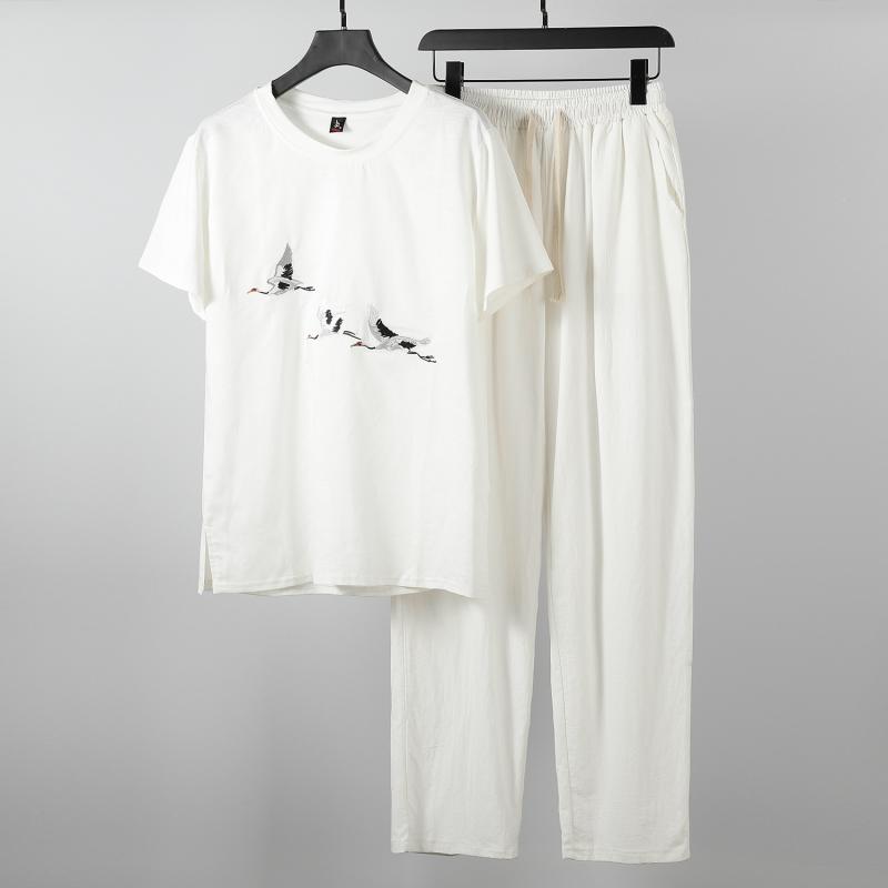 メンズ 亜麻 リネン セットアップ 半袖 Tシャツ & パンツ 上下セット 男性用 ルームウェア 部屋着 大きいサイズ ゆったり 刺・墸 春夏3