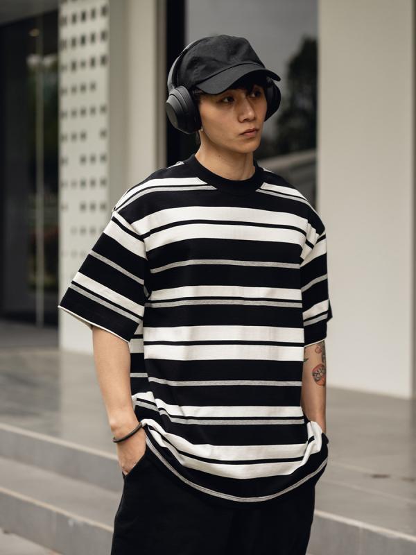 Tシャツ メンズ 半袖 日本製 配色 ストライプ コットン トップス 洗い加工 ゆったりサイズ 普段使い ルームウェア ストリート