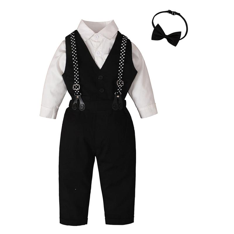 キッズ フォーマルスーツ 5点セット 男の子 子供 紳士服 長袖シャツ 蝶ネクタイ ベスト パンツ サスペンダー付き チェック柄 結婚式 発表会 記念日 撮影 春秋