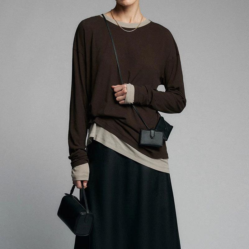 Tシャツ レディース 長袖 薄手 接触冷感 Uネック ギャザー袖 ゆったり トップス ポリエステル 無地 カットソー 春夏 秋冬 ブラック ブラウン カーキ グレー ホワイト3