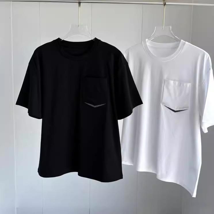 Tシャツ レディース 半袖 綿100% コットン ビーズ ポケット付き チェーン付き ゆったり 知的 ブラック ホワイト 黒 白 トップス カットソー ラウンドネック カジュアル 普段使い3