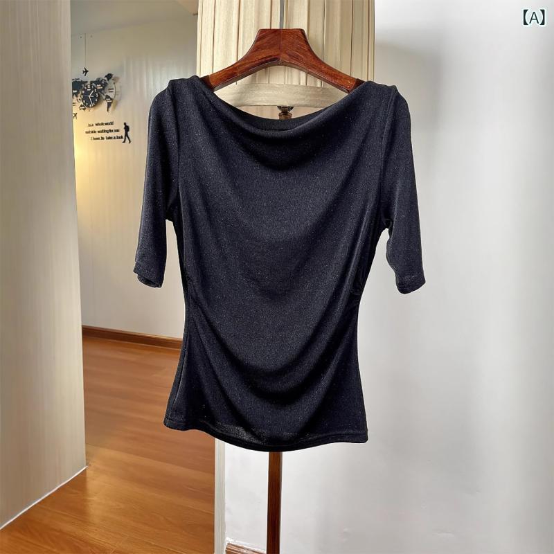 Tシャツ レディース 半袖 接触冷感 再生繊維 ニット トップス シャーリング スリム 銀色 黒 白 褶?3｜YKsakai