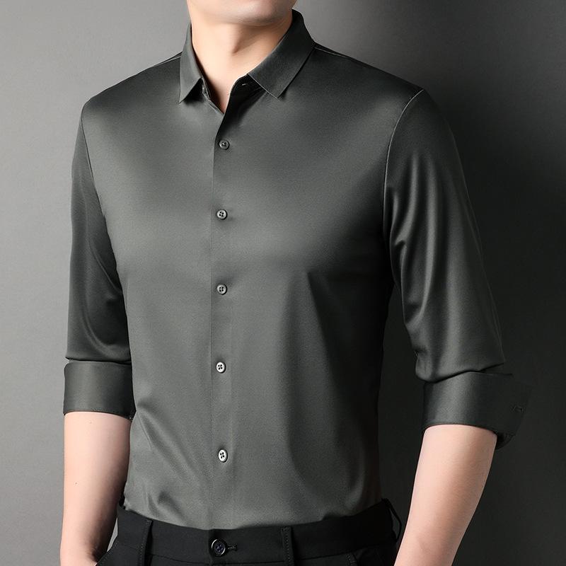 シャツ メンズ 男性用 長袖 無地 ビジネス 紳士服 トップス 接触冷感 伸縮性 ストレッチ 通勤用 グレー カーキ ブラック 春秋 5,058円