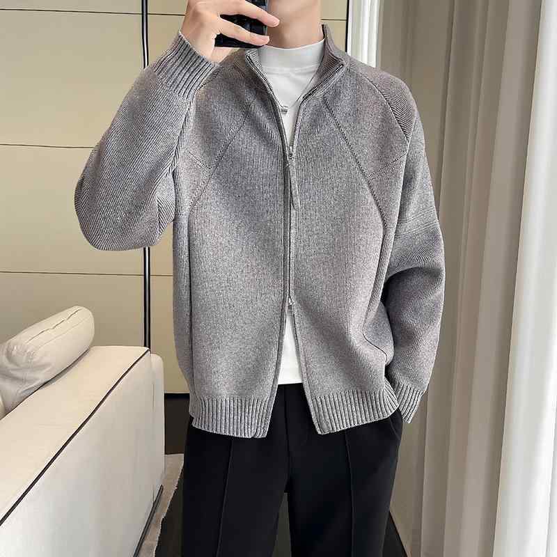 ニット カーディガン メンズ 男性用 秋冬 立襟 ジップアップ ゆるニット ?松 リブ裾 グレー ブラック ポリエステル 普段使い3