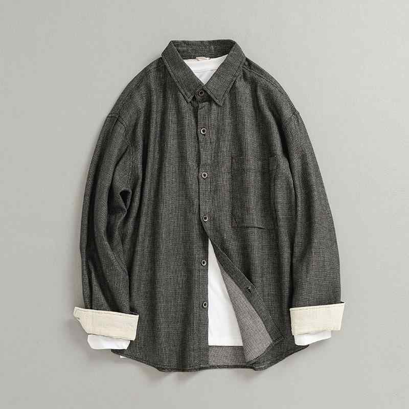 シャツ メンズ 男性用 麻 リネン 長袖 トップス 春夏 薄手 無地 ポケット付き カジュアル 普段使い ルームウェア 黒 ブラック系 グレー3