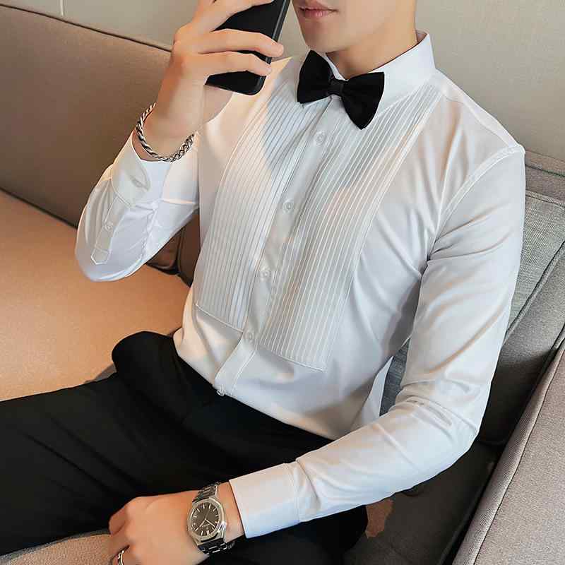 シャツ メンズ 男性用 長袖 コットンブレンド 宴会 新郎 結婚式 無地 ギャザー入り レギュラーカラー 修身 4,804円