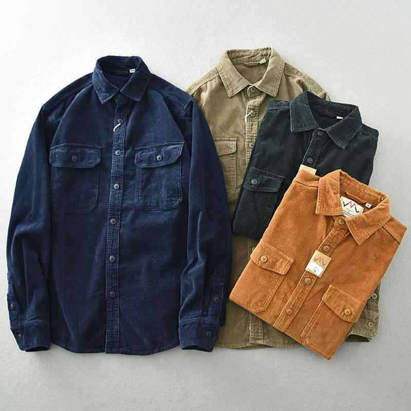 シャツ 男性用 コーデュロイ 長袖 ルーズ ワークシャツ トップス カジュアル 春秋 普段使い 部屋着 グレー ブラック ブルー グリーン カーキ ブラウン