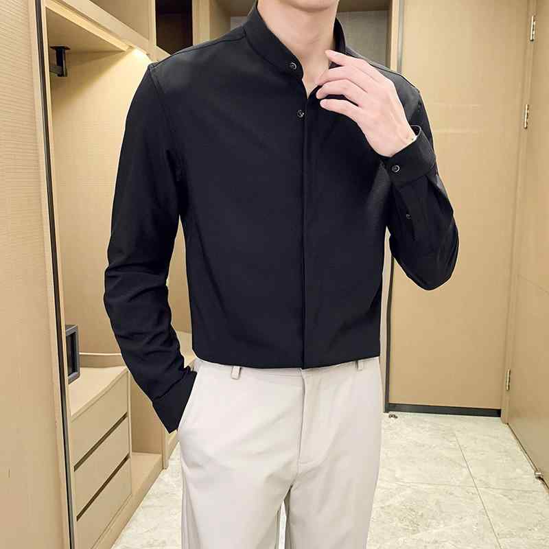 シャツ 男性用 長袖 トップス 韓国風 スリムフィット 無地 高級感 ポリエステル 普段使い 通勤