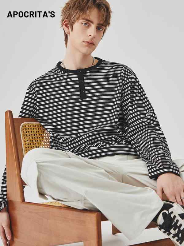 Tシャツ メンズ 男性用 ストライプ柄 長袖 トップス 春物 ルーズ クルーネック インナー カジュアル スタイル3
