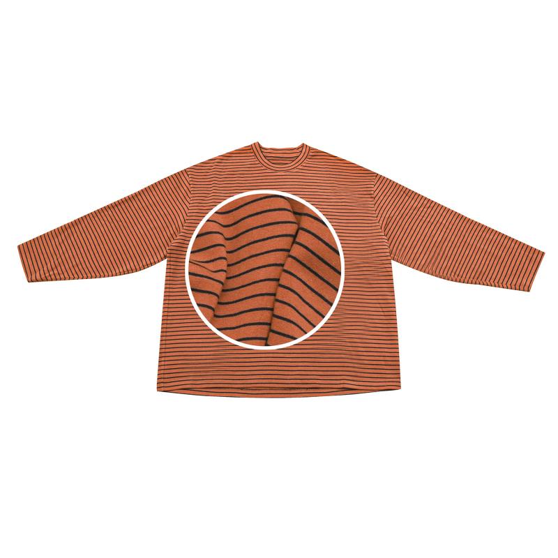 Tシャツ メンズ 男性用 オレンジ色 細ストライプ柄 トップス 長袖 カットソー 丸首 コットン ゆったり 春物