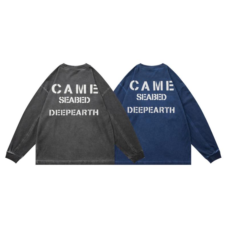 Tシャツ メンズ 男性用 長袖 トップス 水洗加工 コットン プリント 英字柄 カットソー プルオーバー 丸首 ゆったり ルーズフィット ミディアムグレー ダークブルー
