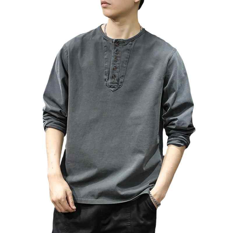 Tシャツ メンズ 長袖 コットン ヘンリーネック カットソー 薄手 ルーズ 無地 トップス 秋 炭灰色 モカブラウン
