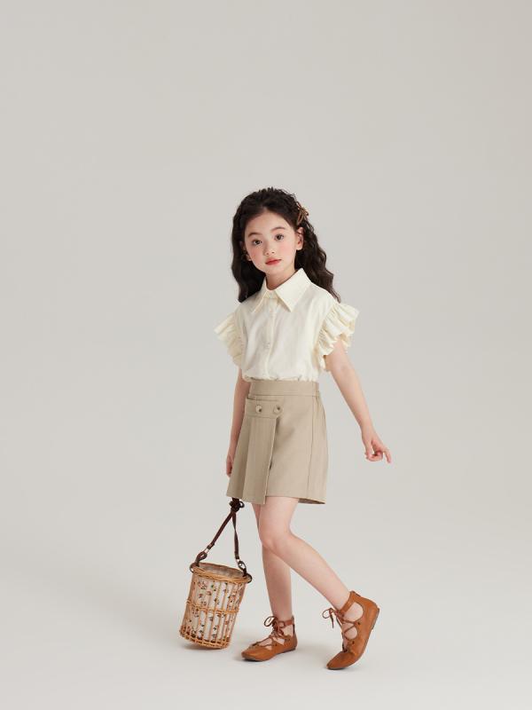 シャツ 女児 キッズ 子供服 ブラウス トップス 半袖 コットン 綿100% 無地 杏色 木耳襟 フリル襟 通気性 柔らかい 快適 かわいい おしゃれ 春夏3