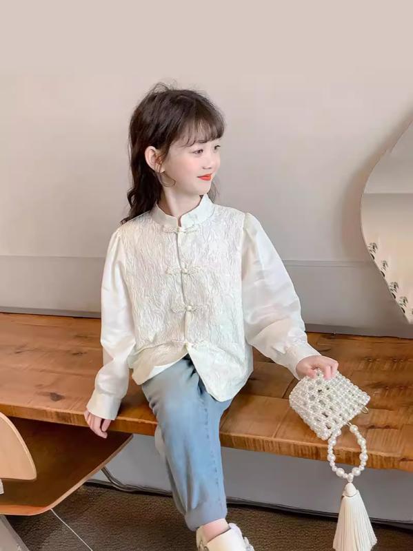 子供服 シャツ 春秋 女の子 チャイナ風 トップス 立襟 長袖 コットン 中大童 普段使い かわいい おしゃれ着 ホワイト 120 130 140 150 160 170