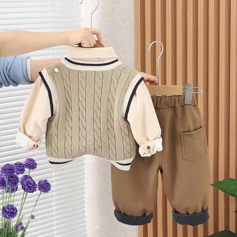 ベビー服 冬物セットアップ 男の子 女の子 裏起毛 あったか トレーナー パンツ ベスト 3点セット チェック柄 襟付き 学院風 かわいい 普段着 部屋着
