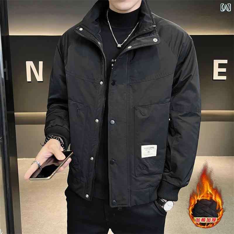 ジャケット 男性用 防寒 立襟 ファッション アウター ジャンパー ブルゾン 秋冬 耐摩耗 普段使い ブラック カーキ色 軍緑色3