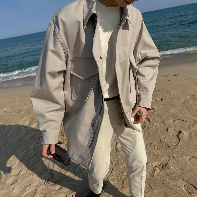ジャケット 男性用 長袖シャツ 韓国風 ゆったり レトロ ワーク カーキ色 アーミーグリーン ポリエステル ポケット