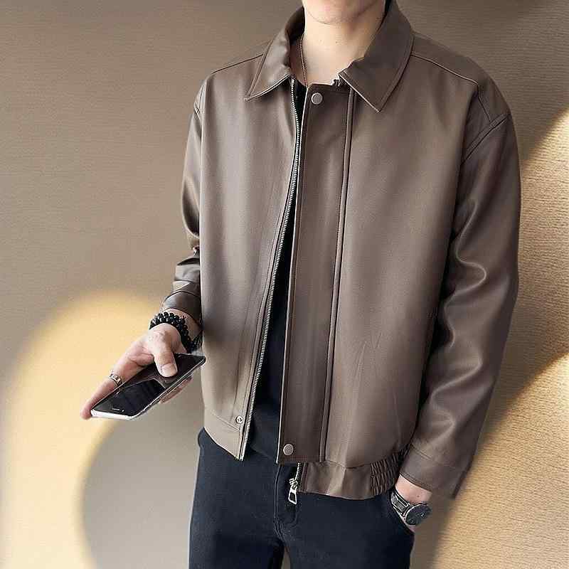 ジャケット 男性用 PUレザー レザージャケット 秋物 撥水 耐摩耗 翻領 リブ裾 スリムフィット 白 黒 カーキ色 M L XL 2XL 3XL