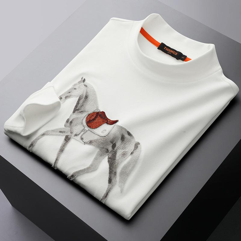 Tシャツ 男性用 長袖 スポーツ カジュアル プルオーバー 裏起毛 ハーフ ハイネック アニマル柄 トップス 普段使い 部屋着 保温性 伸縮性 ポリエステル ホワイト ダークグレー