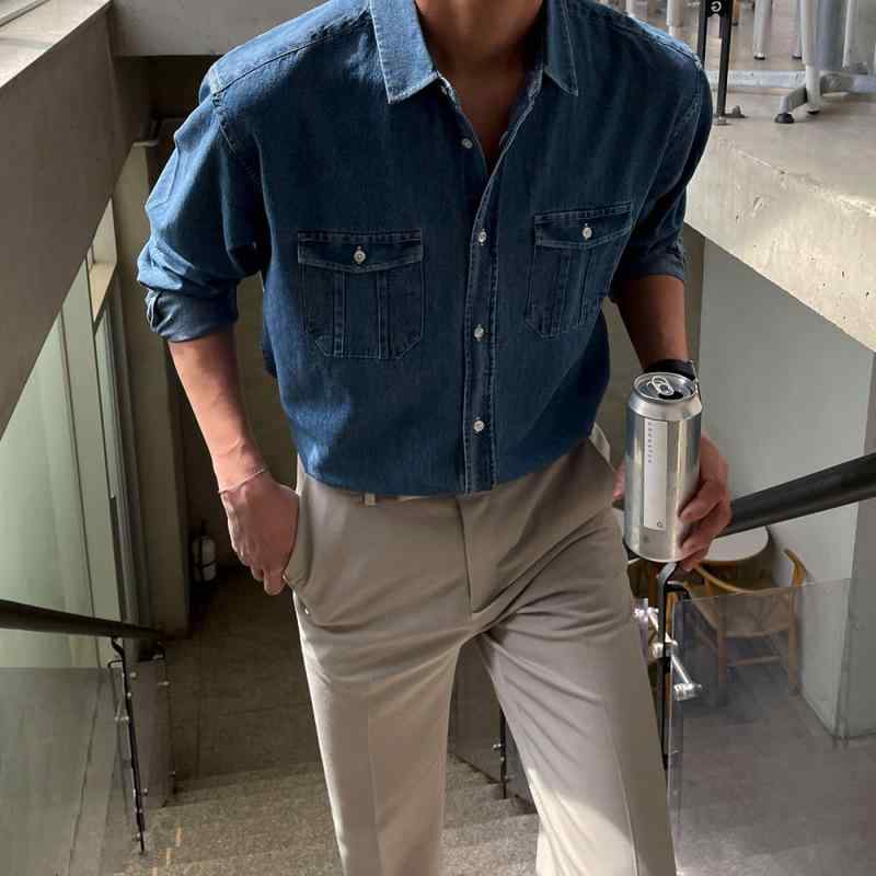シャツ 男性用 デニムシャツ 長袖 コットン ブルー ワークシャツ ゆったり カジュアル