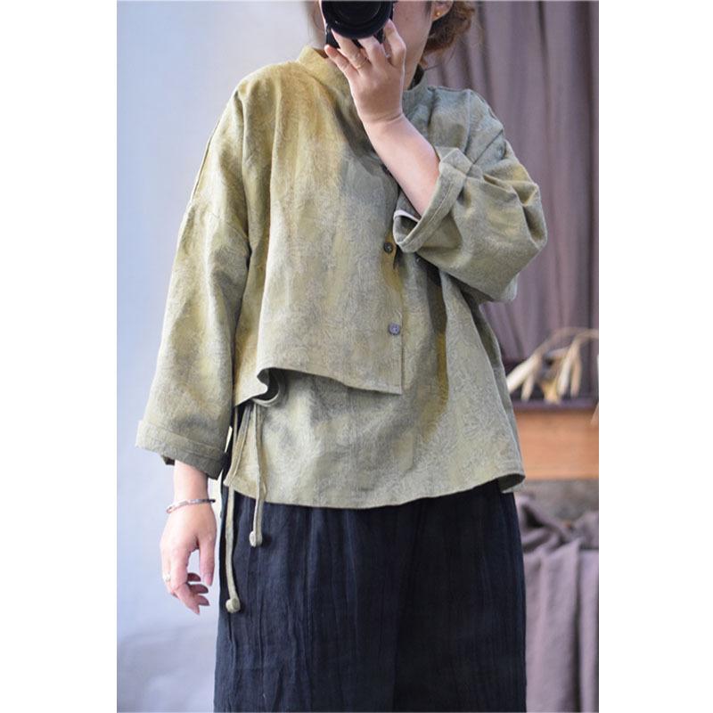 シャツ レディース 亜麻 リネン 提花 ジャカード 内紐 外ボタン 長袖 ブラウス ゆったり 立襟 ドロップショルダー 草グリーン系 秋冬 レトロ3