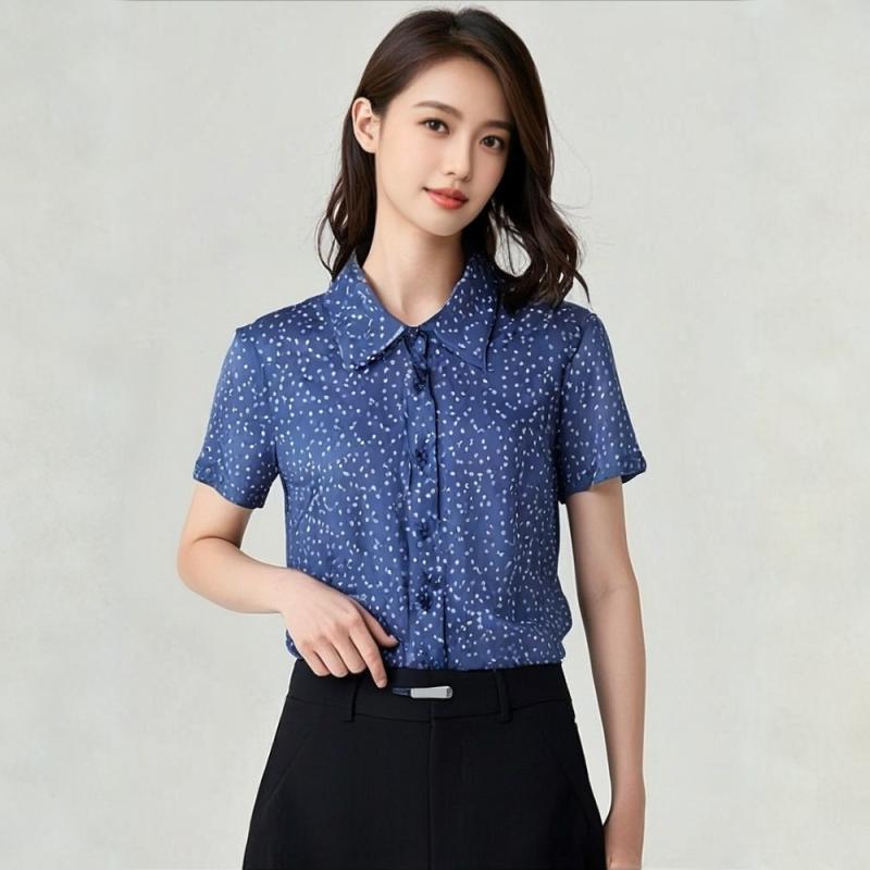 シャツ レディース ミセス 婦人服 半袖 幾何学模様 幾何柄 模様 ゆったり 快適 涼しい シルク 絹 ブルー 青色3