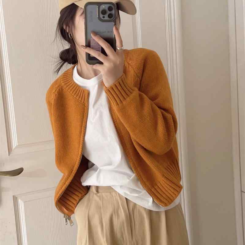 ニット カーディガン レディース 秋冬 厚手 ニット アウター ショート丈 トップス 長袖 無地 丸首 ラウンドネック カジュアル きれいめ かわいい 韓国風 おしゃれ 通勤 オフィス デート ガーリー フェミニン3