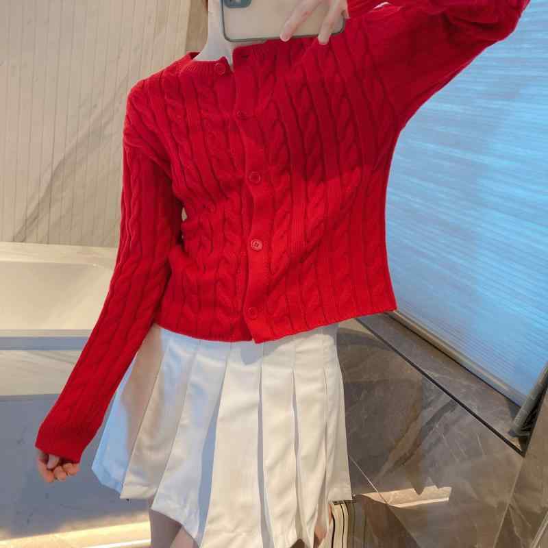 ニット カーディガン レディース ショート丈 赤 羊毛 クルーネック セーター ニットアウター ゆったり かわいい フェミニン3