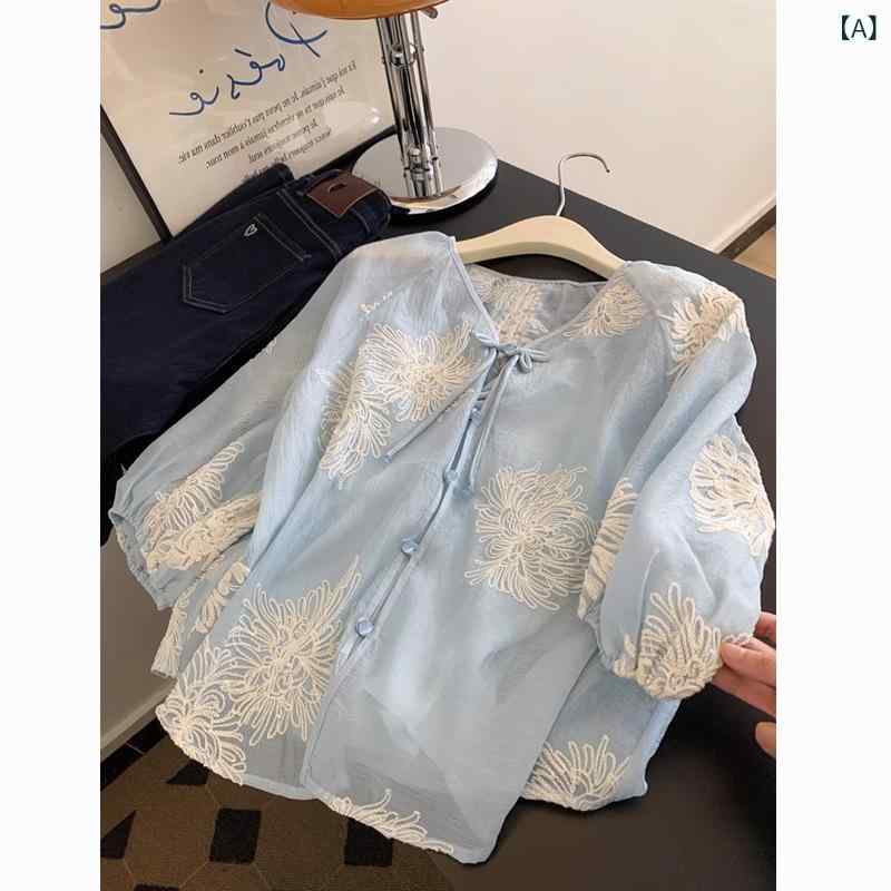 ティーシャツ レディース Vのど首 青碧 花柄 長袖 ポリエステル トップス 小っちゃい 刺・墸 うつり変わり ?松 事あたらしい 甘め 表現スタイル 普段使い走り3