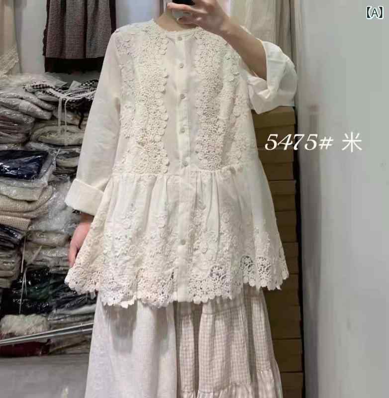 シャツ レディース 長袖 ラウンドネック コットン プリント ゆったり トップス ブラウス 白 ベージュ 春物3｜YKsakai