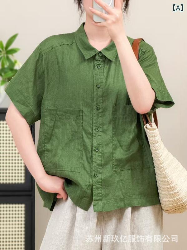 シャツ レディース 春夏 リネン 亜麻 トップス 半袖 襟付き 無地 切り替え ポケット ゆったり 文芸風3｜YKsakai