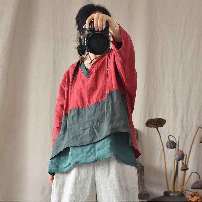 シャツ レディース 春秋 砂洗亜麻 Vネック パッチワーク 手縫いステッチ ゆったり トップス 麻 リネン レッド グリーン ピンク系 パープル系 アート レトロ3