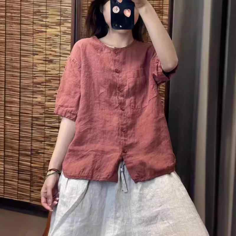シャツ レディース リネン 麻 トップス 半袖 ゆったり ラウンドネック 切り替え 文芸 レトロ調 白 黄色 カーキ 緑 紫 黒 桃色3