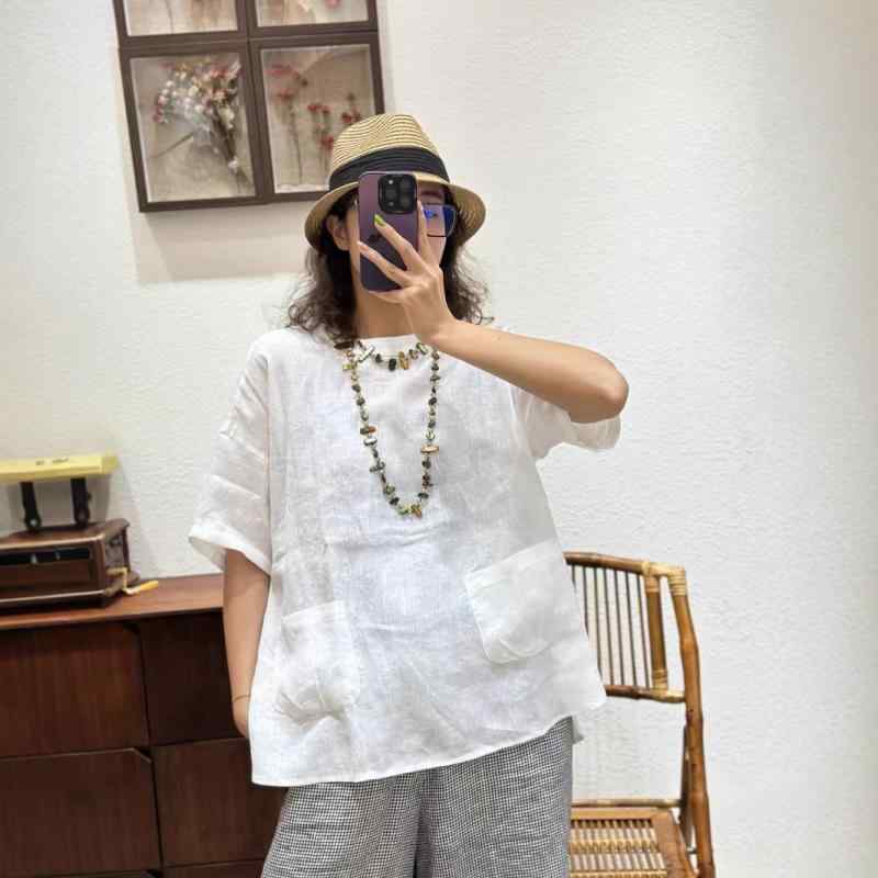 シャツ レディース 半袖 麻 リネン トップス プルオーバー 丸首 無地 ポケット付き ゆったり チュニック ブラウス 文芸風 レトロ 春夏3