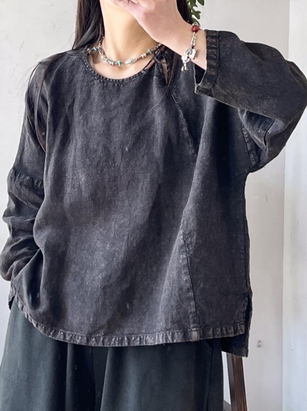 Tシャツ レディース リネン 長袖 春物 文芸復古 ダメージ加工 ゆったり プルオーバー コットン トップス ラウンドネック カットソー 普段使い3