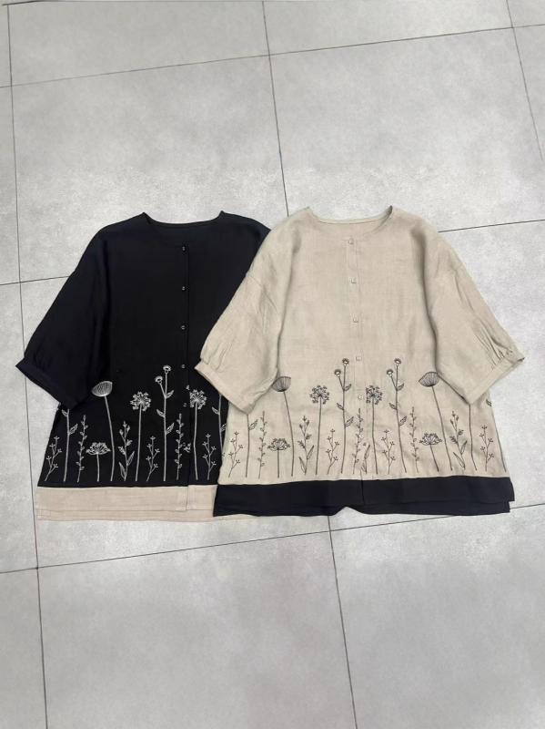 シャツ レディース 半袖 リネン 刺繍 カーディガン 森ガール ゆったり トップス 切り替え 麻 本色 黒 日韓 カジュアル3