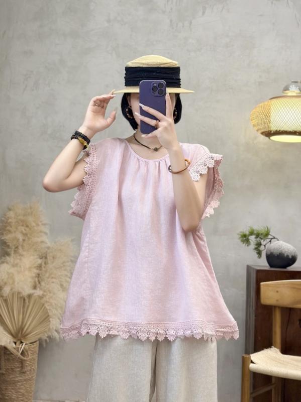 Tシャツ レディース 半袖 亜麻 リネン 花柄 レース ラウンドネック プルオーバー ゆったり 無地 シンプル ガーリー フェミニン トップス ブラウス カットソー 白色 ピンク系 青色3