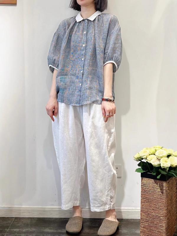 シャツ レディース 春夏 リネン 麻 ポロ襟 半袖 トップス ブラウス ゆったり 藏藍色 孔雀藍 ブルー系 ピンク系 格子柄 文芸風 レトロ3｜YKsakai