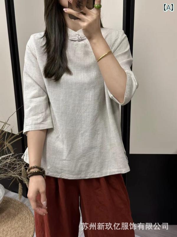 シャツ レディース 中華風 チャイナボタン リネン トップス ミドル丈 斜めボタン 無地 アジアン エスニック レトロ ゆったり 7分袖 スタンドカラー リネン 麻3